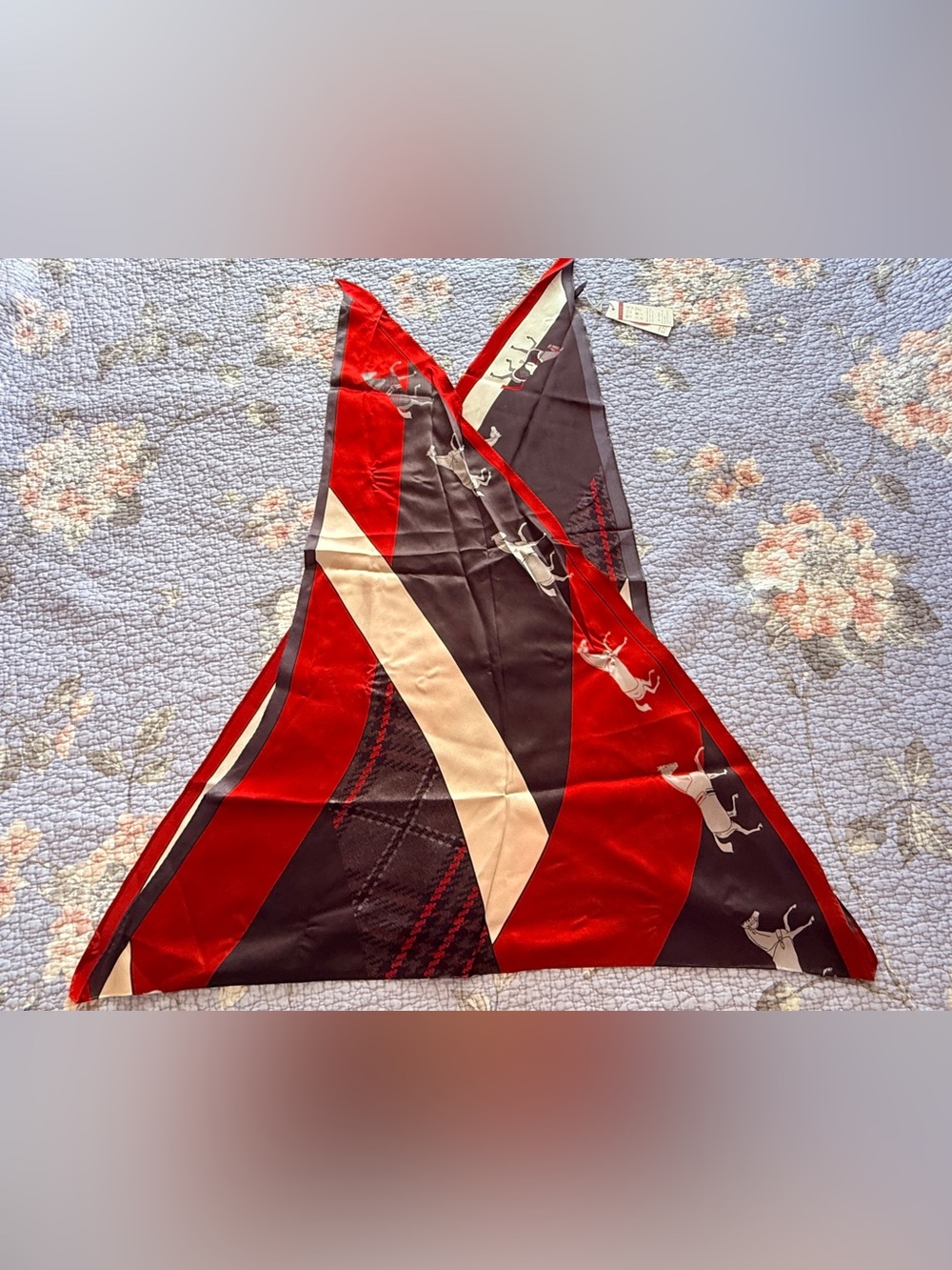 NWT 100% Mulberry Silk Long Triangle Scarf – Horse Print – Red & Black